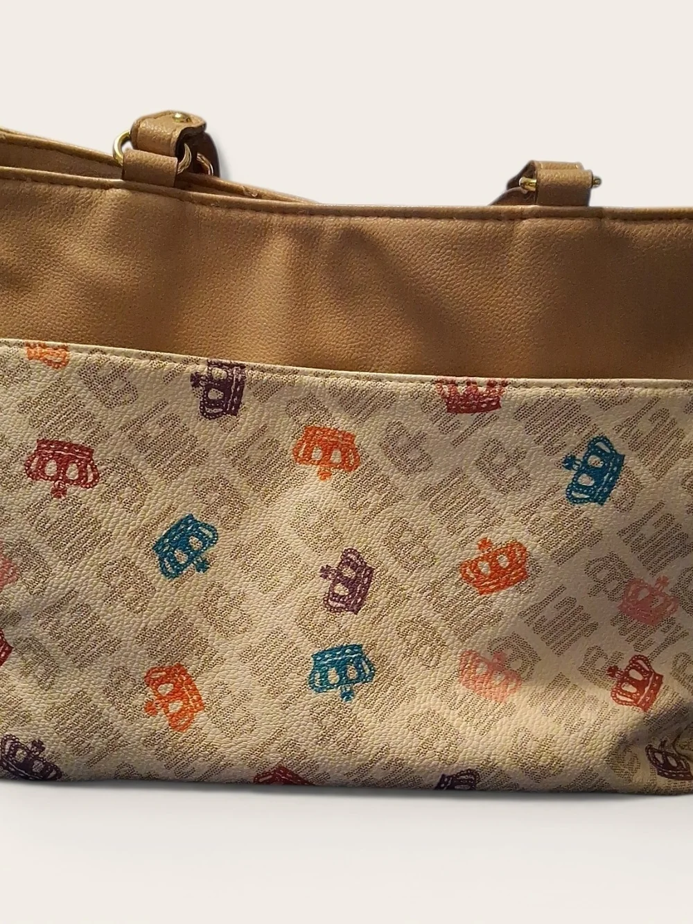 Juicy Couture Beige Tote with Multicolor Crown Print